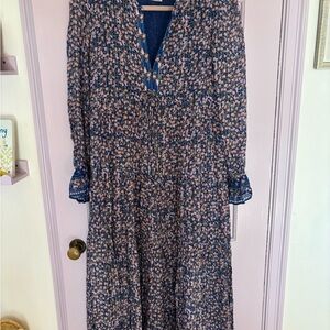 SAYLOR Blue Long Sleeve Bishop Sleeve V-Neck Sundress